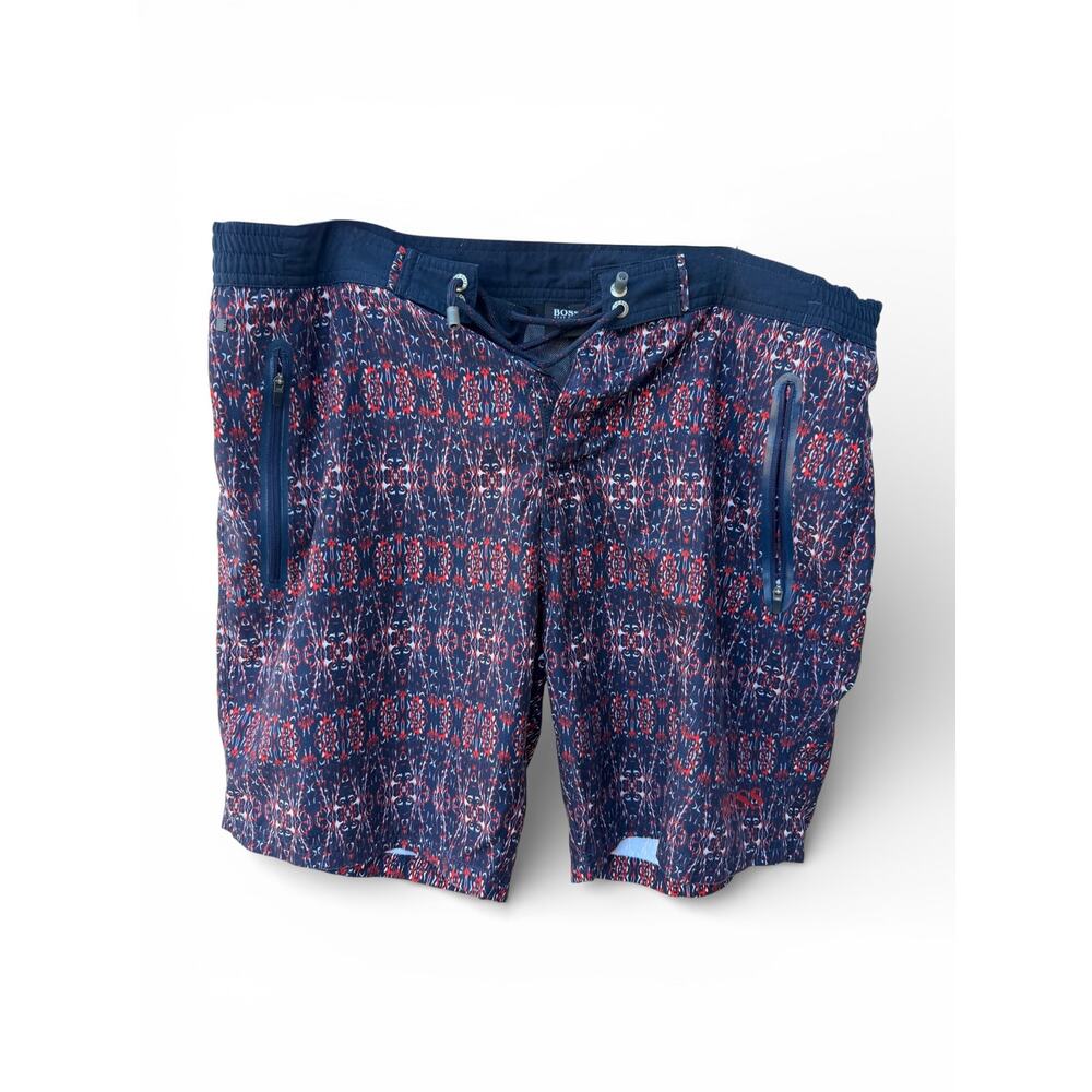 HUGO BOSS Blue Swimwear Hugo Boss Navy Red Patterned Swim Trunks Medium